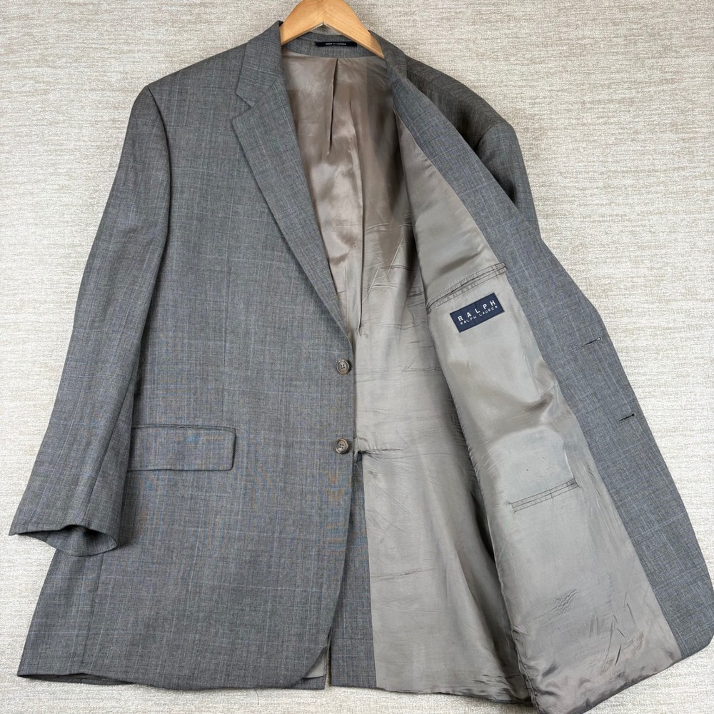 VTG Ralph Lauren Grey Glen Plaid Two Button Wool Cashmere Blazer Coat Mens 50L